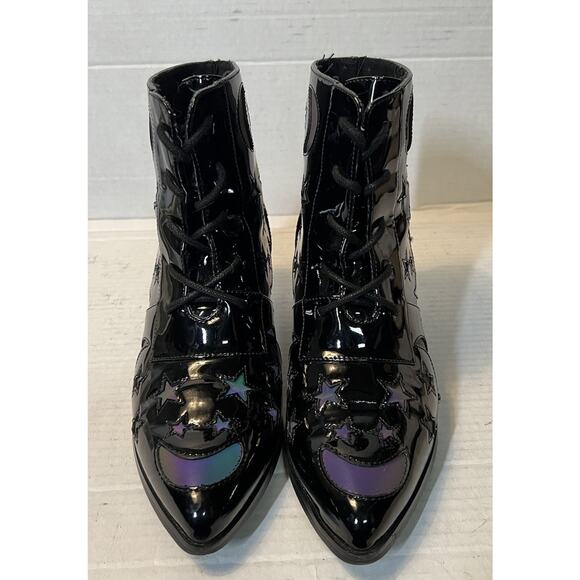 Dolls Kill yru patent black aura moon & stars holo reflective pointed boots Sz 7 - Picture 2 of 6